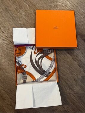 Hermes Orange, White and Brown Silk Scarf with Equestrian Strap Motif